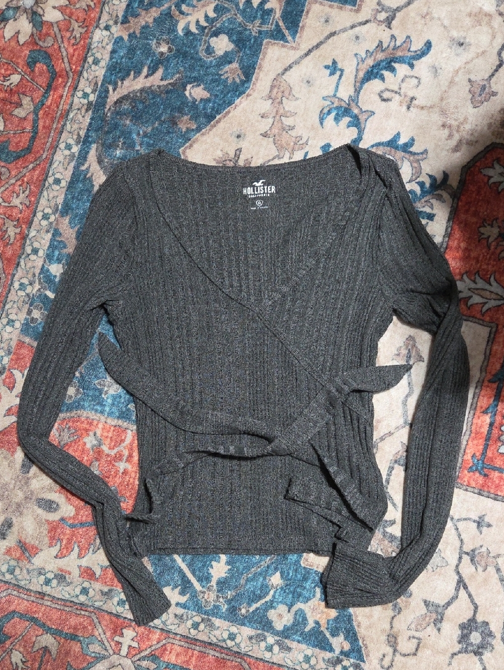 Hollister Charcoal Ribbed Wrap Top